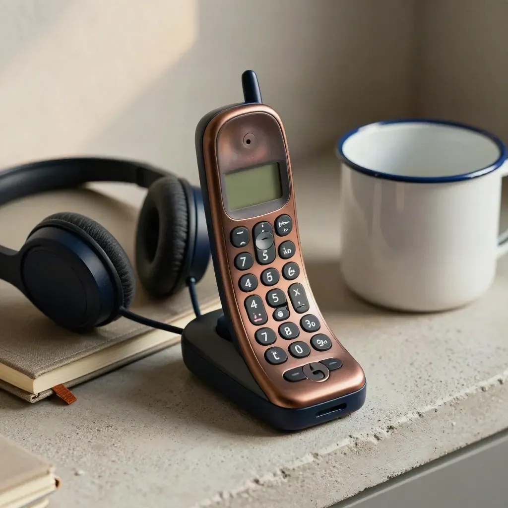 Telefono cordless che vibra, con auricolare su base, taccuino chiuso e tazza smaltata.