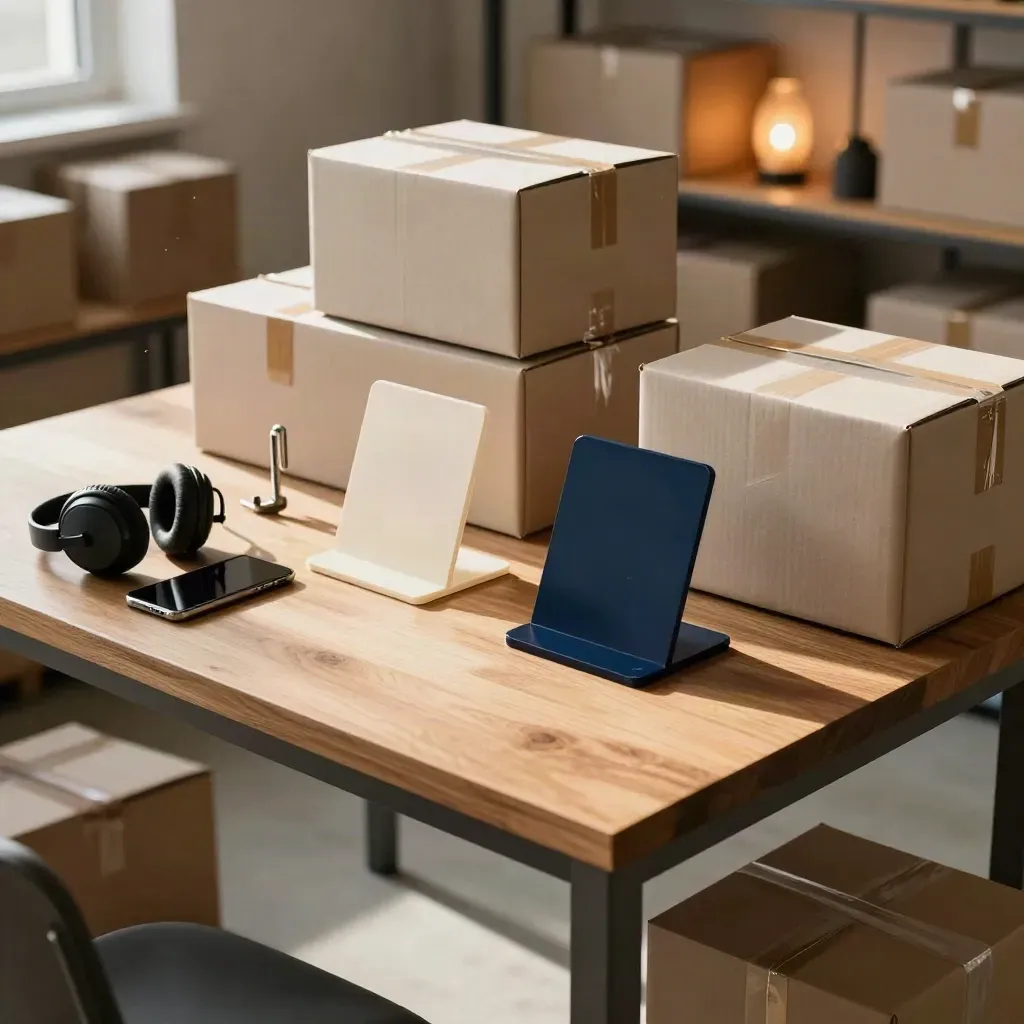 Postazione e-commerce ordinata con smartphone spento, cuffie, scatole neutre e supporti risposta.