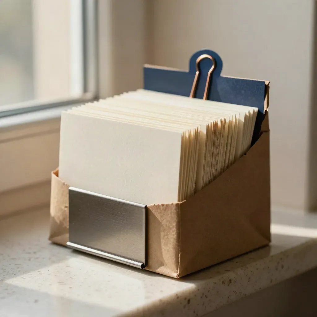 Kit lancio locale con busta kraft, card neutre, cartelline sottili e supporto da banco su travertino.