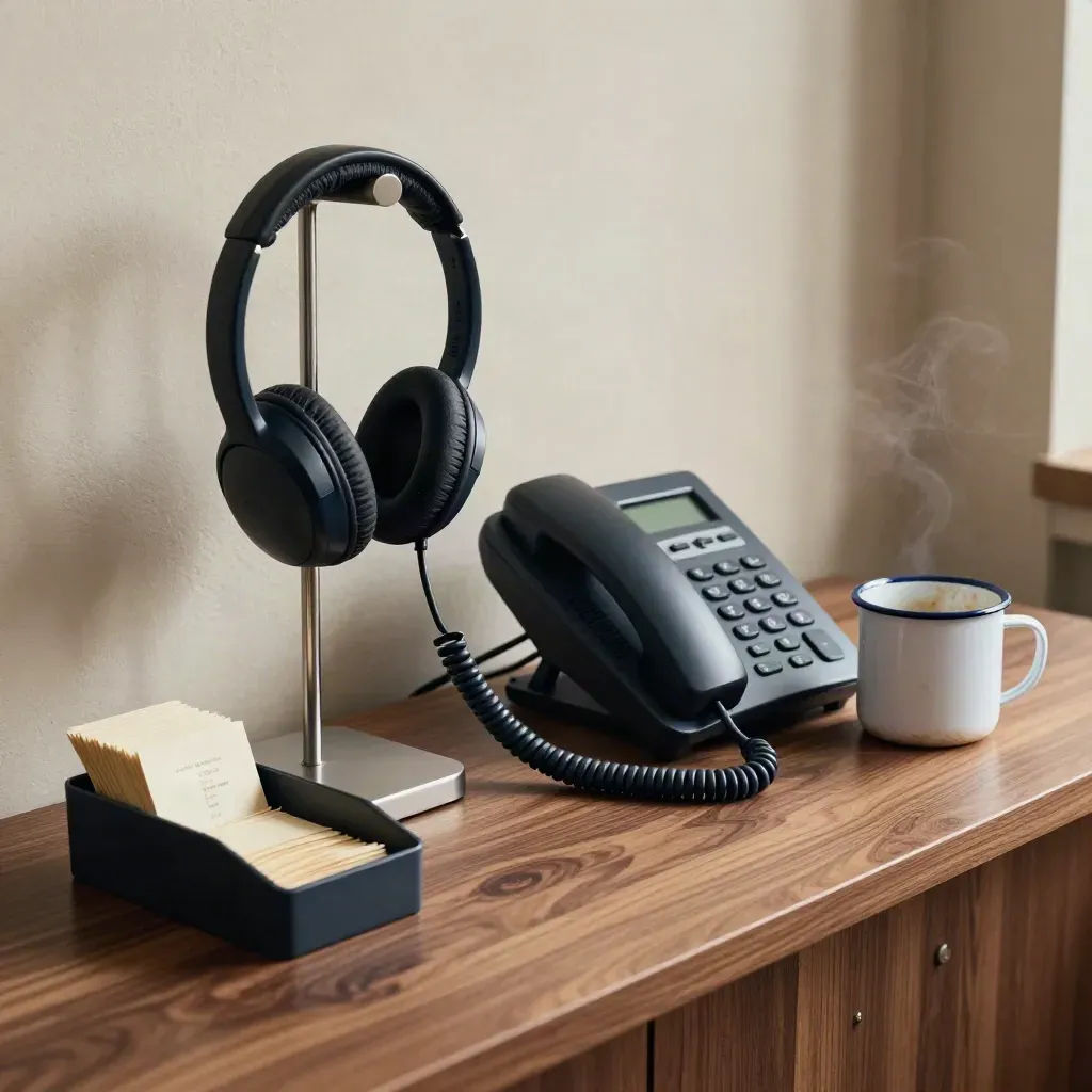 Cuffia, telefono fisso, tazza smaltata e vassoio ticket su banco, luce drammatica.