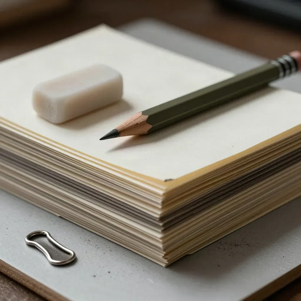 Primo piano di carte editoriali in carta cotone con matita, gomma e clip metalliche.