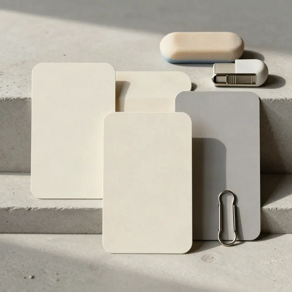 Quattro card neutre con gomma morbida e clip su cemento chiaro.