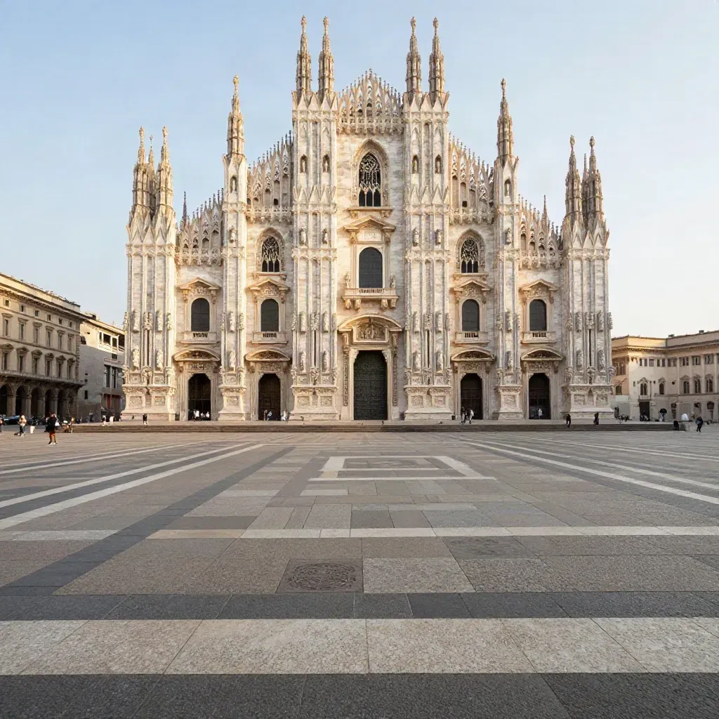 Duomo di Milano alto nella foschia sopra piazza di pietra chiara, luce del pomeriggio.