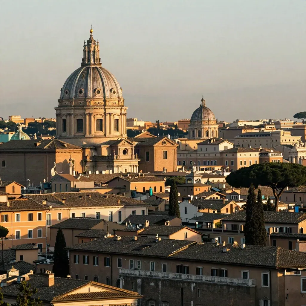 Panorama di Roma antica con cupola e tetti in tufo, luce dorata e foschia calda.