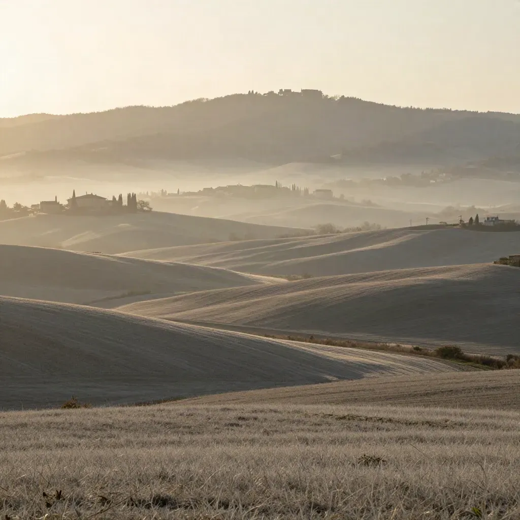 Crinale appenninico in bruma mattutina con campi morbidi e una città bassa lontana.