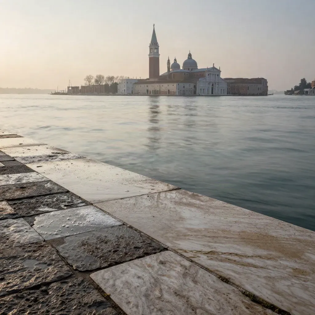 Laguna veneta al crepuscolo con pietra d’Istria bagnata e skyline lontano di Venezia
